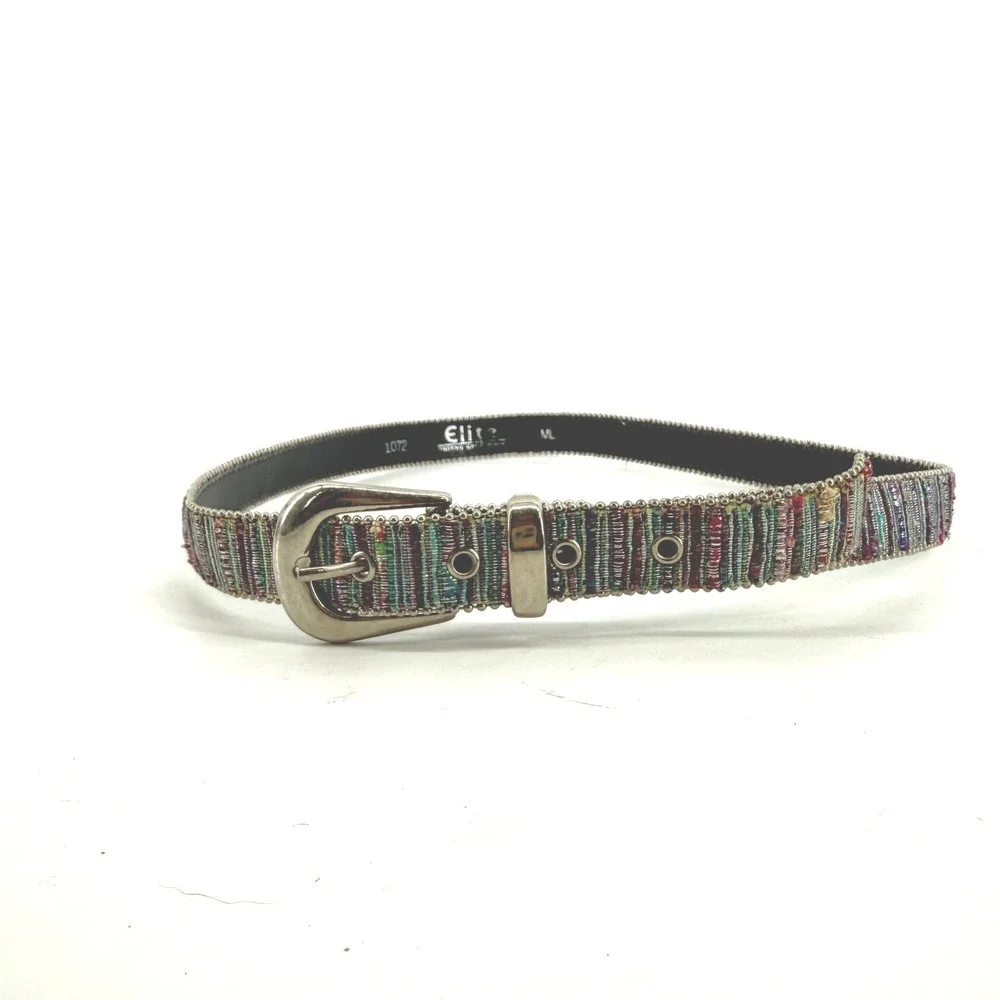 Elite Belt Women ML Multicolor Woven Metallic Beaded Silver Buckle Boho 1072